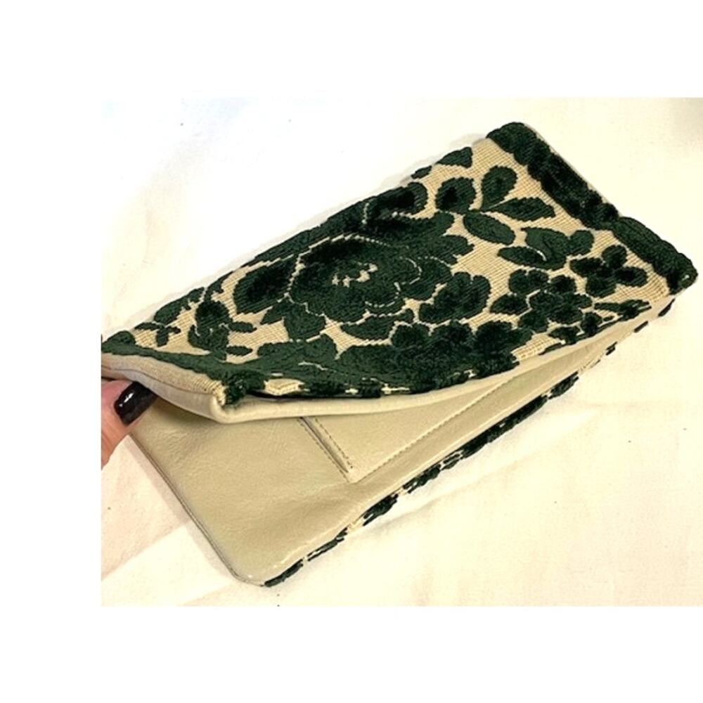 Vintage Green Velvet Floral Tapestry EK Grab Large Leather Envelope Clutch